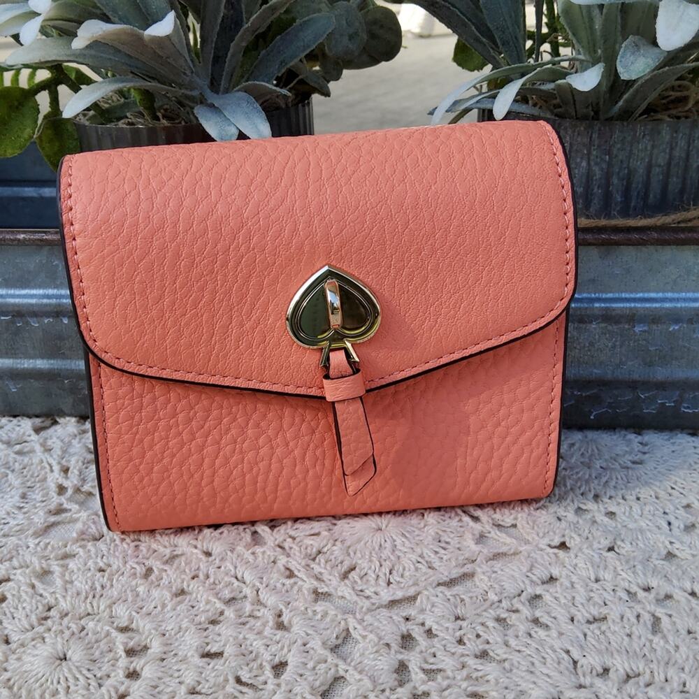 Kate Spade Women's Small Flap Wallet Card Case Pebbled Leather in Melon Ball
